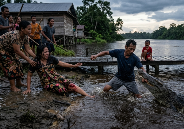 Tragedi di Tepi Sungai Soren; Perjuangan Seorang Suami Selamatkan Istri dari Gigitan Buaya