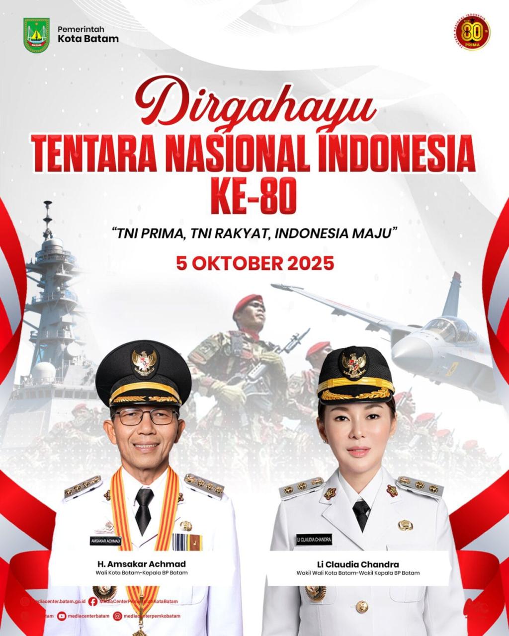 Wali Kota Batam Ucapkan Selamat HUT ke-80 TNI: “Jayalah Selalu TNI, Jayalah Indonesia!”