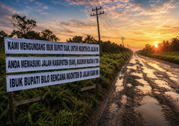 Warga Bentang Spanduk Sindir Bupati Siak, Jalan Sungai Rawa Hancur Diduga Digilas Truk Bertonase Besar